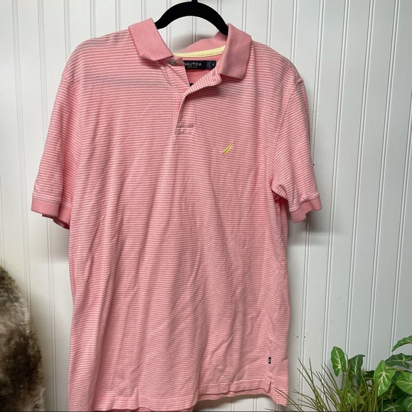 Nautica Striped Polo Shirt Pink & Yellow Sz Medium - Picture 1 of 6